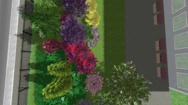 Modern peyzaj mimarisinin 3 boyutlu çizimi. Peyzaj tasarımının arkaplan bilgisayarı. Farklı çim yüzeylerinin düz çizgilerle karşıt bileşimi.