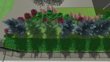 Modern peyzaj mimarisinin 3 boyutlu çizimi. Peyzaj tasarımının arkaplan bilgisayarı. Farklı çim yüzeylerinin düz çizgilerle karşıt bileşimi.