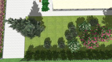 Modern peyzaj mimarisinin 3 boyutlu çizimi. Peyzaj tasarımının arkaplan bilgisayarı. Farklı çim yüzeylerinin düz çizgilerle karşıt bileşimi.