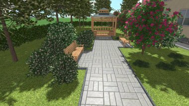 Modern peyzaj mimarisinin 3 boyutlu çizimi. Peyzaj tasarımının arkaplan bilgisayarı. Farklı çim yüzeylerinin düz çizgilerle karşıt bileşimi.