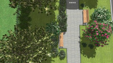 Modern peyzaj mimarisinin 3 boyutlu çizimi. Peyzaj tasarımının arkaplan bilgisayarı. Farklı çim yüzeylerinin düz çizgilerle karşıt bileşimi.