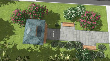 Modern peyzaj mimarisinin 3 boyutlu çizimi. Peyzaj tasarımının arkaplan bilgisayarı. Farklı çim yüzeylerinin düz çizgilerle karşıt bileşimi.