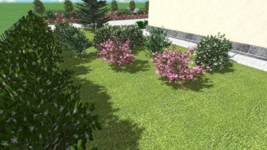 Modern peyzaj mimarisinin 3 boyutlu çizimi. Peyzaj tasarımının arkaplan bilgisayarı. Farklı çim yüzeylerinin düz çizgilerle karşıt bileşimi.