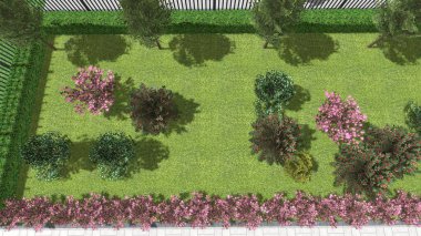 Modern peyzaj mimarisinin 3 boyutlu çizimi. Peyzaj tasarımının arkaplan bilgisayarı. Farklı çim yüzeylerinin düz çizgilerle karşıt bileşimi.