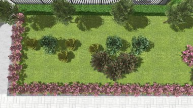 Modern peyzaj mimarisinin 3 boyutlu çizimi. Peyzaj tasarımının arkaplan bilgisayarı. Farklı çim yüzeylerinin düz çizgilerle karşıt bileşimi.