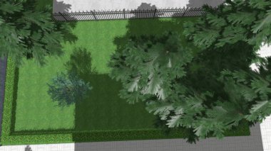 Modern peyzaj mimarisinin 3 boyutlu çizimi. Peyzaj tasarımının arkaplan bilgisayarı. Farklı çim yüzeylerinin düz çizgilerle karşıt bileşimi.