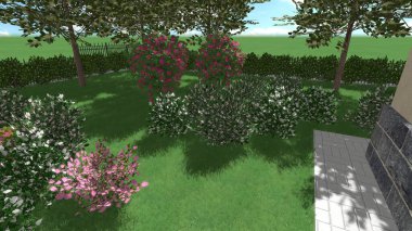 Modern peyzaj mimarisinin 3 boyutlu çizimi. Peyzaj tasarımının arkaplan bilgisayarı. Farklı çim yüzeylerinin düz çizgilerle karşıt bileşimi.