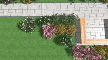 Modern peyzaj mimarisinin 3 boyutlu çizimi. Peyzaj tasarımının arkaplan bilgisayarı. Farklı çim yüzeylerinin düz çizgilerle karşıt bileşimi.