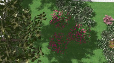 Modern peyzaj mimarisinin 3 boyutlu çizimi. Peyzaj tasarımının arkaplan bilgisayarı. Farklı çim yüzeylerinin düz çizgilerle karşıt bileşimi.