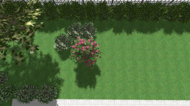 Modern peyzaj mimarisinin 3 boyutlu çizimi. Peyzaj tasarımının arkaplan bilgisayarı. Farklı çim yüzeylerinin düz çizgilerle karşıt bileşimi.