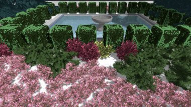 Modern peyzaj mimarisinin 3 boyutlu çizimi. Peyzaj tasarımının arkaplan bilgisayarı. Farklı çim yüzeylerinin düz çizgilerle karşıt bileşimi.