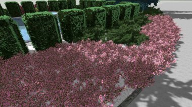 Modern peyzaj mimarisinin 3 boyutlu çizimi. Peyzaj tasarımının arkaplan bilgisayarı. Farklı çim yüzeylerinin düz çizgilerle karşıt bileşimi.