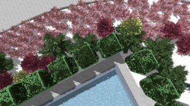 Modern peyzaj mimarisinin 3 boyutlu çizimi. Peyzaj tasarımının arkaplan bilgisayarı. Farklı çim yüzeylerinin düz çizgilerle karşıt bileşimi.