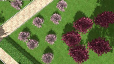 Modern peyzaj mimarisinin 3 boyutlu çizimi. Peyzaj tasarımının arkaplan bilgisayarı. Farklı çim yüzeylerinin düz çizgilerle karşıt bileşimi.