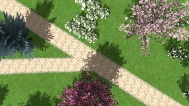 Modern peyzaj mimarisinin 3 boyutlu çizimi. Peyzaj tasarımının arkaplan bilgisayarı. Farklı çim yüzeylerinin düz çizgilerle karşıt bileşimi.