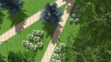 Modern peyzaj mimarisinin 3 boyutlu çizimi. Peyzaj tasarımının arkaplan bilgisayarı. Farklı çim yüzeylerinin düz çizgilerle karşıt bileşimi.