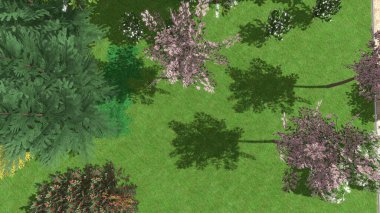 Modern peyzaj mimarisinin 3 boyutlu çizimi. Peyzaj tasarımının arkaplan bilgisayarı. Farklı çim yüzeylerinin düz çizgilerle karşıt bileşimi.