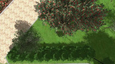 Modern peyzaj mimarisinin 3 boyutlu çizimi. Peyzaj tasarımının arkaplan bilgisayarı. Farklı çim yüzeylerinin düz çizgilerle karşıt bileşimi.