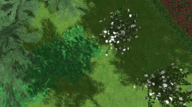 Modern peyzaj mimarisinin 3 boyutlu çizimi. Peyzaj tasarımının arkaplan bilgisayarı. Farklı çim yüzeylerinin düz çizgilerle karşıt bileşimi.