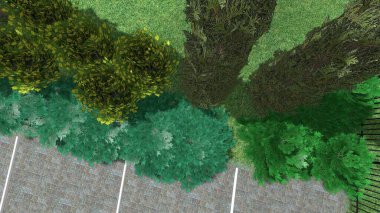 Modern peyzaj mimarisinin 3 boyutlu çizimi. Peyzaj tasarımının arkaplan bilgisayarı. Farklı çim yüzeylerinin düz çizgilerle karşıt bileşimi.