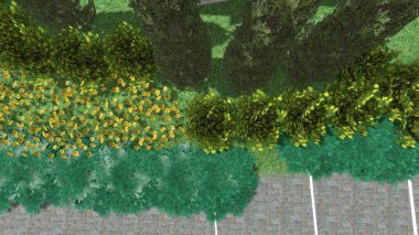 Modern peyzaj mimarisinin 3 boyutlu çizimi. Peyzaj tasarımının arkaplan bilgisayarı. Farklı çim yüzeylerinin düz çizgilerle karşıt bileşimi.