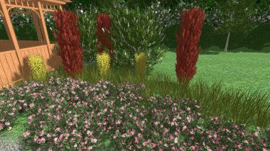 Modern peyzaj mimarisinin 3 boyutlu çizimi. Peyzaj tasarımının arkaplan bilgisayarı. Farklı çim yüzeylerinin düz çizgilerle karşıt bileşimi.