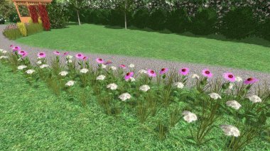 Modern peyzaj mimarisinin 3 boyutlu çizimi. Peyzaj tasarımının arkaplan bilgisayarı. Farklı çim yüzeylerinin düz çizgilerle karşıt bileşimi.