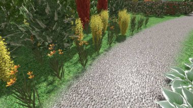 Modern peyzaj mimarisinin 3 boyutlu çizimi. Peyzaj tasarımının arkaplan bilgisayarı. Farklı çim yüzeylerinin düz çizgilerle karşıt bileşimi.