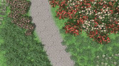 Modern peyzaj mimarisinin 3 boyutlu çizimi. Peyzaj tasarımının arkaplan bilgisayarı. Farklı çim yüzeylerinin düz çizgilerle karşıt bileşimi.