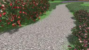 Modern peyzaj mimarisinin 3 boyutlu çizimi. Peyzaj tasarımının arkaplan bilgisayarı. Farklı çim yüzeylerinin düz çizgilerle karşıt bileşimi.