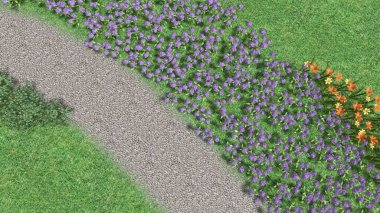 Modern peyzaj mimarisinin 3 boyutlu çizimi. Peyzaj tasarımının arkaplan bilgisayarı. Farklı çim yüzeylerinin düz çizgilerle karşıt bileşimi.