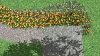 Modern peyzaj mimarisinin 3 boyutlu çizimi. Peyzaj tasarımının arkaplan bilgisayarı. Farklı çim yüzeylerinin düz çizgilerle karşıt bileşimi.