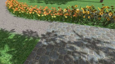 Modern peyzaj mimarisinin 3 boyutlu çizimi. Peyzaj tasarımının arkaplan bilgisayarı. Farklı çim yüzeylerinin düz çizgilerle karşıt bileşimi.