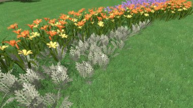 Modern peyzaj mimarisinin 3 boyutlu çizimi. Peyzaj tasarımının arkaplan bilgisayarı. Farklı çim yüzeylerinin düz çizgilerle karşıt bileşimi.