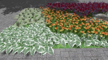 Modern peyzaj mimarisinin 3 boyutlu çizimi. Peyzaj tasarımının arkaplan bilgisayarı. Farklı çim yüzeylerinin düz çizgilerle karşıt bileşimi.