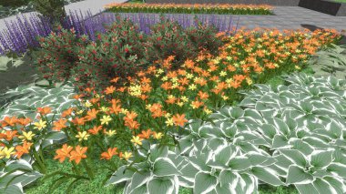 Modern peyzaj mimarisinin 3 boyutlu çizimi. Peyzaj tasarımının arkaplan bilgisayarı. Farklı çim yüzeylerinin düz çizgilerle karşıt bileşimi.