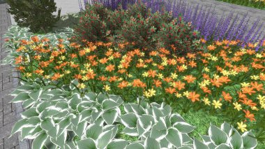 Modern peyzaj mimarisinin 3 boyutlu çizimi. Peyzaj tasarımının arkaplan bilgisayarı. Farklı çim yüzeylerinin düz çizgilerle karşıt bileşimi.