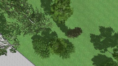 Modern peyzaj mimarisinin 3 boyutlu çizimi. Peyzaj tasarımının arkaplan bilgisayarı. Farklı çim yüzeylerinin düz çizgilerle karşıt bileşimi.