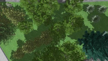 Modern peyzaj mimarisinin 3 boyutlu çizimi. Peyzaj tasarımının arkaplan bilgisayarı. Farklı çim yüzeylerinin düz çizgilerle karşıt bileşimi.