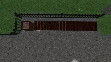 Modern peyzaj mimarisinin 3 boyutlu çizimi. Peyzaj tasarımının arkaplan bilgisayarı. Farklı çim yüzeylerinin düz çizgilerle karşıt bileşimi.