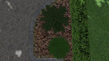 Modern peyzaj mimarisinin 3 boyutlu çizimi. Peyzaj tasarımının arkaplan bilgisayarı. Farklı çim yüzeylerinin düz çizgilerle karşıt bileşimi.