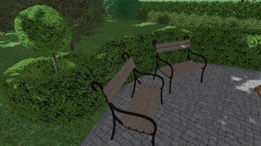 Modern peyzaj mimarisinin 3 boyutlu çizimi. Peyzaj tasarımının arkaplan bilgisayarı. Farklı çim yüzeylerinin düz çizgilerle karşıt bileşimi.