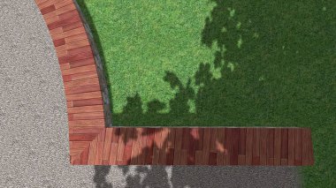 Modern peyzaj mimarisinin 3 boyutlu çizimi. Peyzaj tasarımının arkaplan bilgisayarı. Farklı çim yüzeylerinin düz çizgilerle karşıt bileşimi.