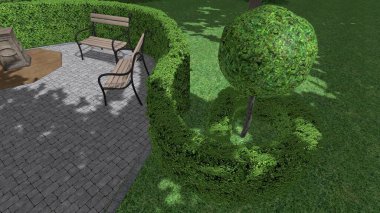 Modern peyzaj mimarisinin 3 boyutlu çizimi. Peyzaj tasarımının arkaplan bilgisayarı. Farklı çim yüzeylerinin düz çizgilerle karşıt bileşimi.