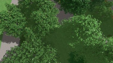 Modern peyzaj mimarisinin 3 boyutlu çizimi. Peyzaj tasarımının arkaplan bilgisayarı. Farklı çim yüzeylerinin düz çizgilerle karşıt bileşimi.