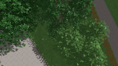 Modern peyzaj mimarisinin 3 boyutlu çizimi. Peyzaj tasarımının arkaplan bilgisayarı. Farklı çim yüzeylerinin düz çizgilerle karşıt bileşimi.