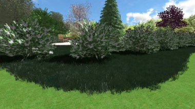 Modern peyzaj mimarisinin 3 boyutlu çizimi. Peyzaj tasarımının arkaplan bilgisayarı. Farklı çim yüzeylerinin düz çizgilerle karşıt bileşimi.