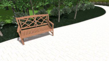 Modern peyzaj mimarisinin 3 boyutlu çizimi. Peyzaj tasarımının arkaplan bilgisayarı. Farklı çim yüzeylerinin düz çizgilerle karşıt bileşimi.