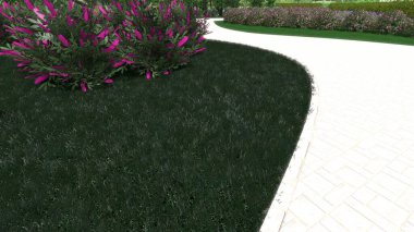 Modern peyzaj mimarisinin 3 boyutlu çizimi. Peyzaj tasarımının arkaplan bilgisayarı. Farklı çim yüzeylerinin düz çizgilerle karşıt bileşimi.