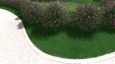 Modern peyzaj mimarisinin 3 boyutlu çizimi. Peyzaj tasarımının arkaplan bilgisayarı. Farklı çim yüzeylerinin düz çizgilerle karşıt bileşimi.